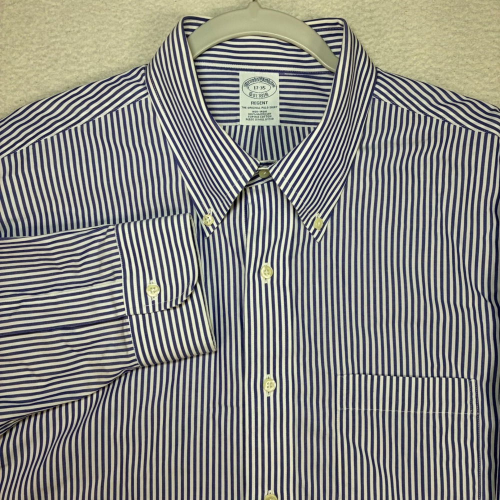 Brooks Brothers Regent Oxford Shirt Men 17x35 Blue Stripe Supima Cotton Business